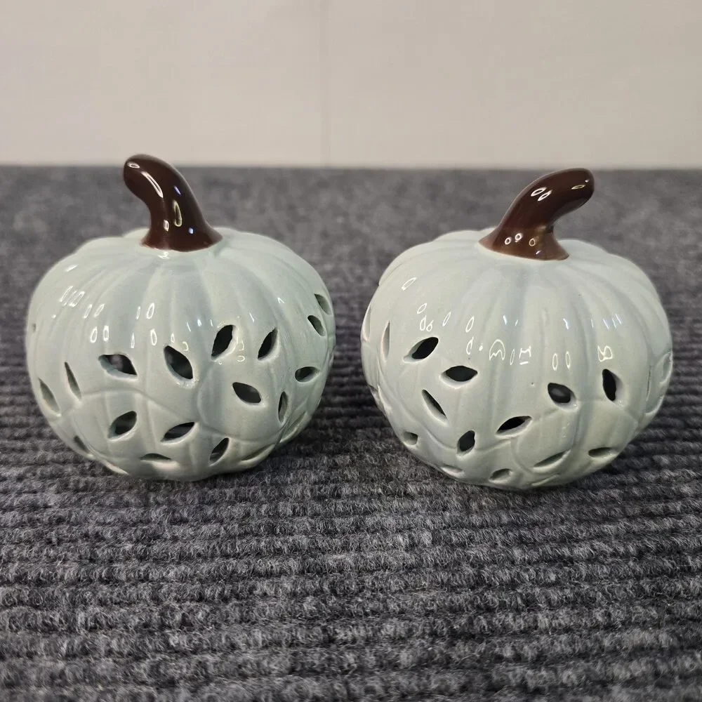Lot Of 2 Ceramic Glazed Cut Out Pumpkin Fall Autumn Decor Seafoam Green 3.5 Inch
